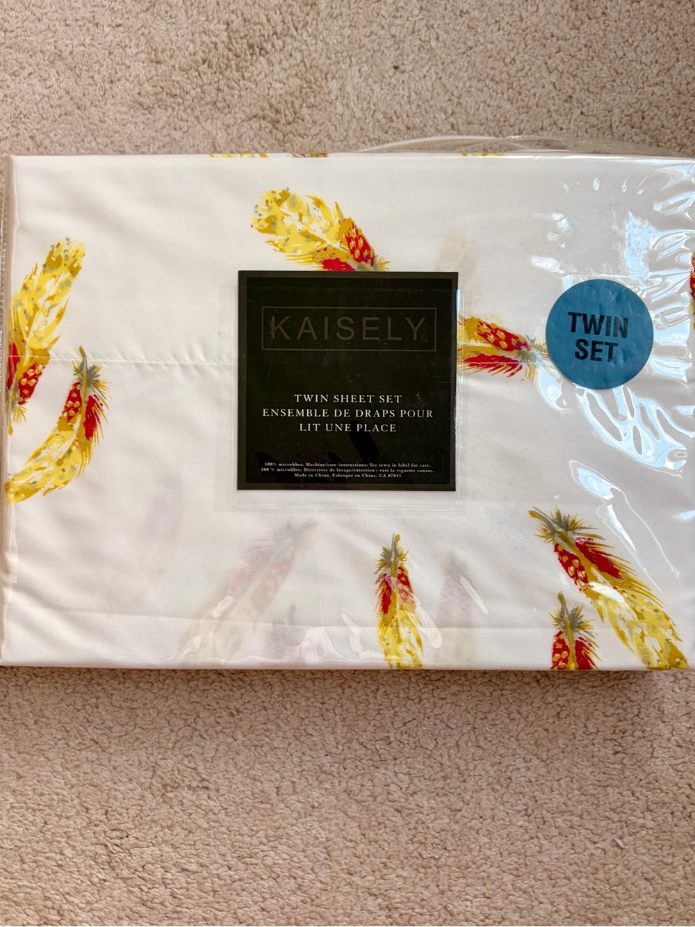 Kaisely Twin Sheet Set in White with Yellow & Red Feather Motif
